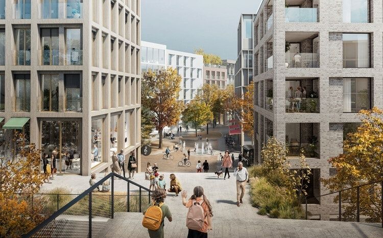 Pedestrian-focused urban neighborhood with new mixed-use buildings and trees